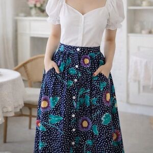 Vintage Maxi skirt Button down Navy Polka dot Dark Floral print Coquette 20W